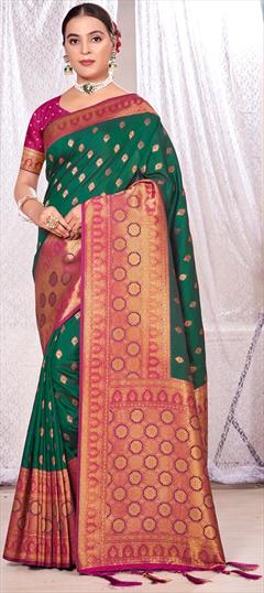 Party Wear, Traditional Green color Saree in Banarasi Silk, Silk fabric with South Weaving work : 1885395