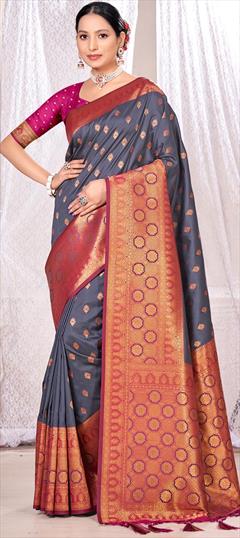 Party Wear, Traditional Black and Grey color Saree in Banarasi Silk, Silk fabric with South Weaving work : 1885396