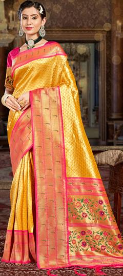 Reception, Traditional Yellow color Saree in Art Silk, Silk fabric with South Weaving work : 1885397