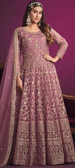 Reception, Wedding Pink and Majenta color Salwar Kameez in Net fabric with Anarkali Sequence, Thread, Zari work : 1885398
