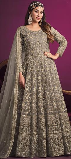 Reception, Wedding Black and Grey color Salwar Kameez in Net fabric with Anarkali Sequence, Thread, Zari work : 1885401