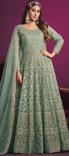 Reception, Wedding Green color Salwar Kameez in Net fabric with Anarkali Sequence, Thread, Zari work : 1885402