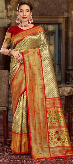 Reception, Traditional Gold color Saree in Art Silk, Silk fabric with South Weaving work : 1885406