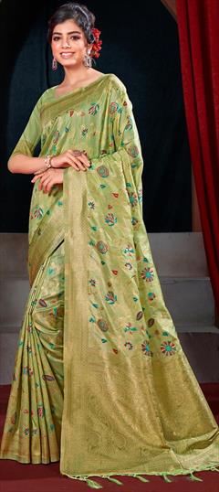 Party Wear, Traditional Green color Saree in Art Silk, Silk fabric with South Weaving work : 1885432
