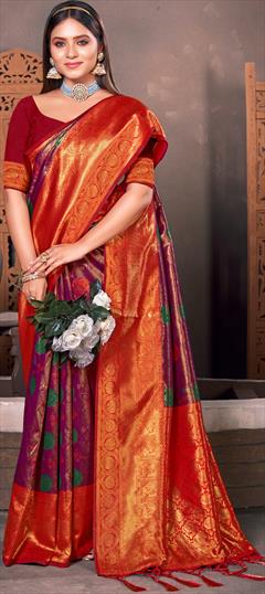 Traditional Purple and Violet, Red and Maroon color Saree in Kanjeevaram Silk, Silk fabric with South Weaving work : 1885457