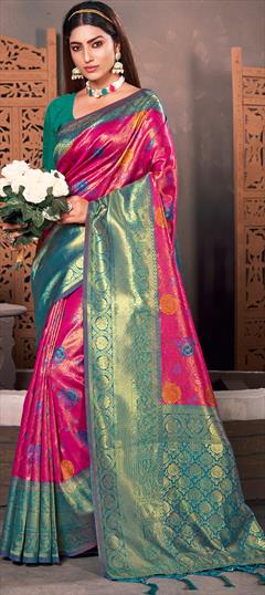 Traditional Blue, Pink and Majenta color Saree in Kanjeevaram Silk, Silk fabric with South Weaving work : 1885459