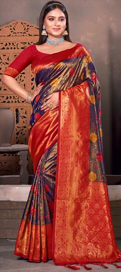 Traditional Blue, Red and Maroon color Saree in Kanjeevaram Silk, Silk fabric with South Weaving work : 1885462