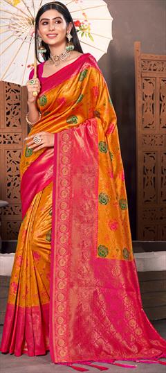 Traditional Pink and Majenta, Yellow color Saree in Kanjeevaram Silk, Silk fabric with South Weaving work : 1885464