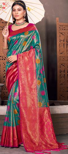 Traditional Blue, Pink and Majenta color Saree in Kanjeevaram Silk, Silk fabric with South Weaving work : 1885466