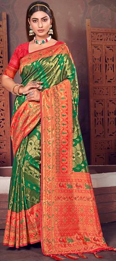 Reception, Traditional Green, Red and Maroon color Saree in Kanjeevaram Silk, Silk fabric with South Weaving work : 1885475