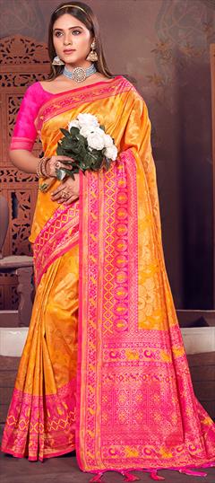 Reception, Traditional Pink and Majenta, Yellow color Saree in Kanjeevaram Silk, Silk fabric with South Weaving work : 1885476