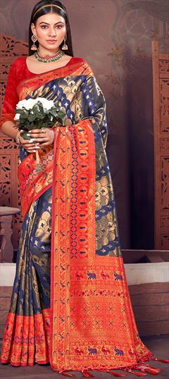 Reception, Traditional Blue, Red and Maroon color Saree in Kanjeevaram Silk, Silk fabric with South Weaving work : 1885478
