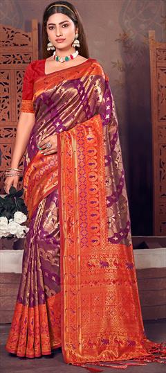 Reception, Traditional Purple and Violet, Red and Maroon color Saree in Kanjeevaram Silk, Silk fabric with South Weaving work : 1885482