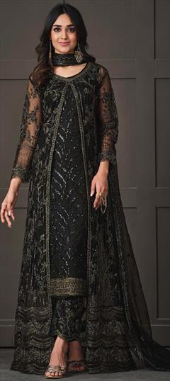 Party Wear, Reception Black and Grey color Salwar Kameez in Net fabric with Straight Embroidered, Sequence, Thread work : 1885495