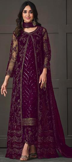 Reception Purple and Violet color Salwar Kameez in Net fabric with Straight Embroidered, Sequence, Thread work : 1885498