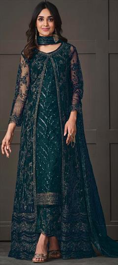 Party Wear, Reception Green color Salwar Kameez in Net fabric with Straight Embroidered, Sequence, Thread work : 1885503