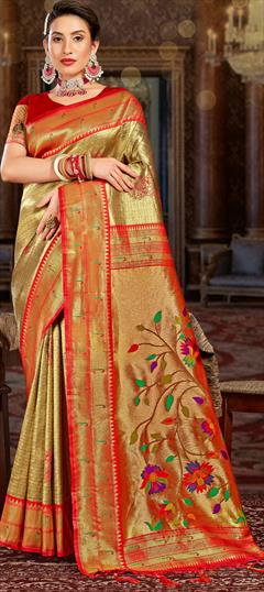 Party Wear, Traditional Gold color Saree in Art Silk, Silk fabric with South Weaving work : 1885531