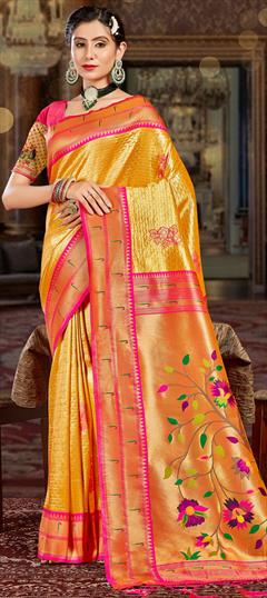 Party Wear, Traditional Yellow color Saree in Art Silk, Silk fabric with South Weaving work : 1885533