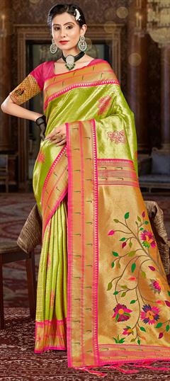 Party Wear, Traditional Green color Saree in Art Silk, Silk fabric with South Weaving work : 1885535