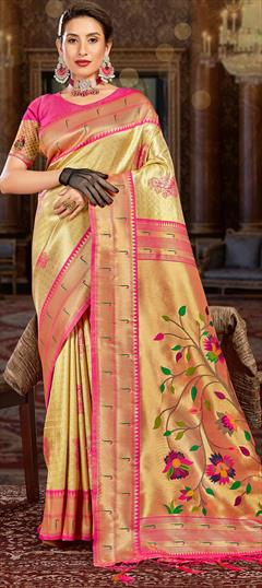 Party Wear, Traditional Gold color Saree in Art Silk, Silk fabric with South Weaving work : 1885538