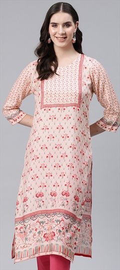 Casual, Summer Beige and Brown color Kurti in Viscose fabric with Long Sleeve, Straight Floral, Printed work : 1885622