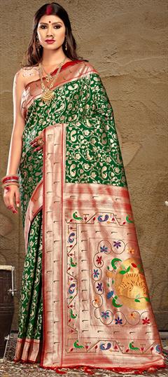 Party Wear, Traditional Green color Saree in Art Silk, Silk fabric with South Weaving work : 1885669