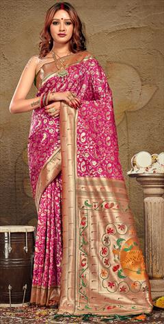 Party Wear, Traditional Pink and Majenta color Saree in Art Silk, Silk fabric with South Weaving work : 1885673