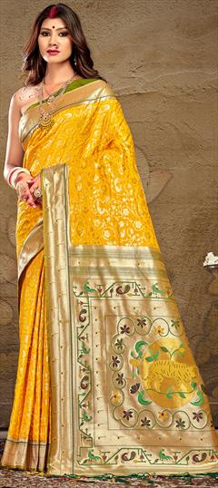 Party Wear, Traditional Yellow color Saree in Art Silk, Silk fabric with South Weaving work : 1885675