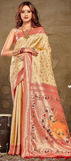 Party Wear, Traditional Beige and Brown color Saree in Art Silk, Silk fabric with South Weaving work : 1885677