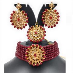 Red and Maroon color Necklace in Metal Alloy studded with Beads, CZ Diamond & Gold Rodium Polish : 1885810