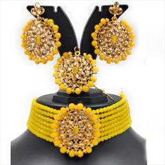 Yellow color Necklace in Metal Alloy studded with Beads, CZ Diamond & Gold Rodium Polish : 1885811