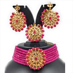 Pink and Majenta color Necklace in Metal Alloy studded with Beads, CZ Diamond & Gold Rodium Polish : 1885813