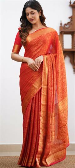 Party Wear, Traditional Red and Maroon color Saree in Art Silk, Silk fabric with South Weaving work : 1885905