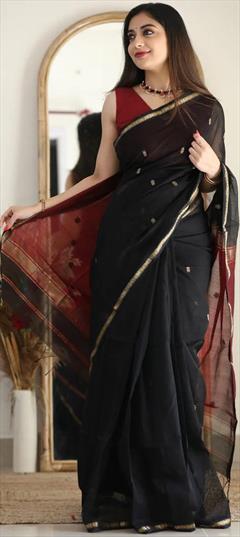 Party Wear, Traditional Black and Grey color Saree in Art Silk, Silk fabric with South Weaving work : 1885907
