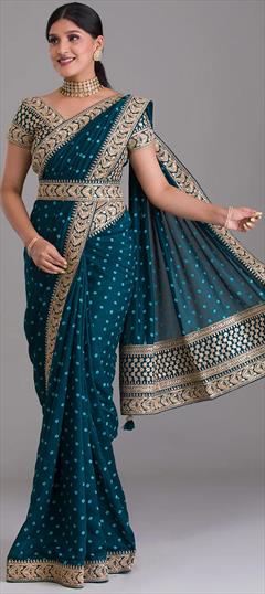 Party Wear, Traditional Blue color Saree in Art Silk, Silk fabric with South Embroidered, Sequence, Thread, Zari work : 1885946