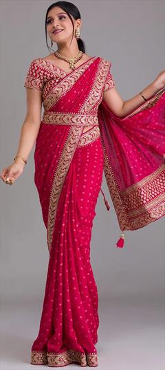 Party Wear, Traditional Pink and Majenta color Saree in Art Silk, Silk fabric with South Embroidered, Sequence, Thread, Zari work : 1885949