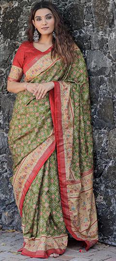 Party Wear, Traditional Green color Saree in Dolla Silk, Silk fabric with South Foil Print work : 1885981