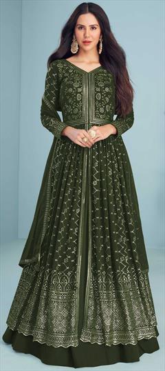 Bollywood Green color Salwar Kameez in Georgette fabric with Anarkali Embroidered, Sequence work : 1885990