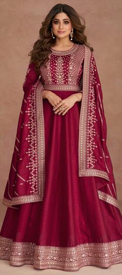 Bollywood Red and Maroon color Gown in Art Silk fabric with Embroidered, Sequence work : 1885993