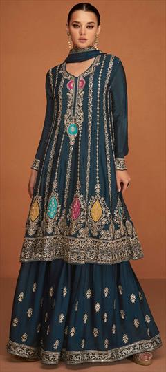 Bollywood Blue color Salwar Kameez in Art Silk fabric with Anarkali Embroidered, Sequence work : 1885994