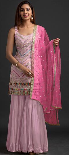 Bollywood Pink and Majenta color Salwar Kameez in Georgette fabric with Straight Embroidered, Sequence work : 1886024