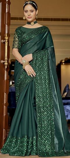 Engagement, Reception, Wedding Green color Saree in Chiffon fabric with Classic Embroidered, Sequence work : 1886082