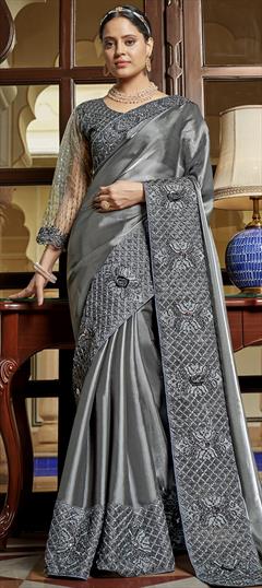 Engagement, Reception, Wedding Black and Grey color Saree in Chiffon fabric with Classic Embroidered, Sequence work : 1886087