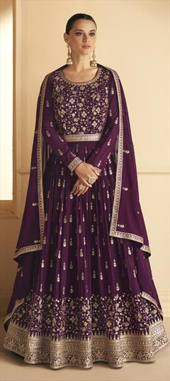 Mehendi Sangeet, Reception, Wedding Purple and Violet color Salwar Kameez in Georgette fabric with Anarkali Embroidered, Sequence, Thread, Zari work : 1886091