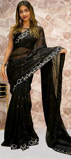 Party Wear, Reception Black and Grey color Saree in Georgette fabric with Classic Embroidered, Sequence, Thread work : 1886093