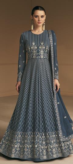 Mehendi Sangeet, Reception, Wedding Blue color Salwar Kameez in Georgette fabric with Anarkali Embroidered, Sequence, Thread, Zari work : 1886094