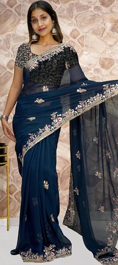 Party Wear, Reception Blue color Saree in Georgette fabric with Classic Embroidered, Sequence, Thread work : 1886096