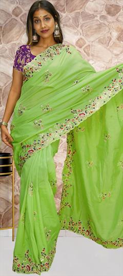 Party Wear, Traditional Green color Saree in Art Silk, Silk fabric with South Embroidered, Thread work : 1886097