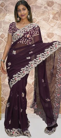 Party Wear, Reception Red and Maroon color Saree in Georgette fabric with Classic Embroidered, Thread work : 1886098