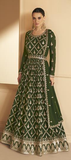 Mehendi Sangeet, Reception, Wedding Green color Salwar Kameez in Georgette fabric with Anarkali Embroidered, Sequence, Thread, Zari work : 1886099